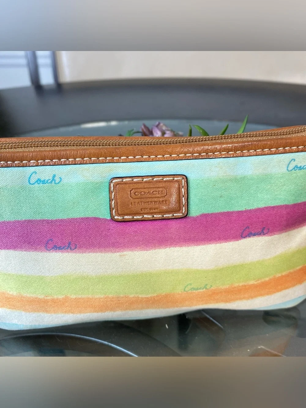 Coach Watercolor Rainbow Stripe Canvas Leather Wristlet Pouch Multicolor 41202